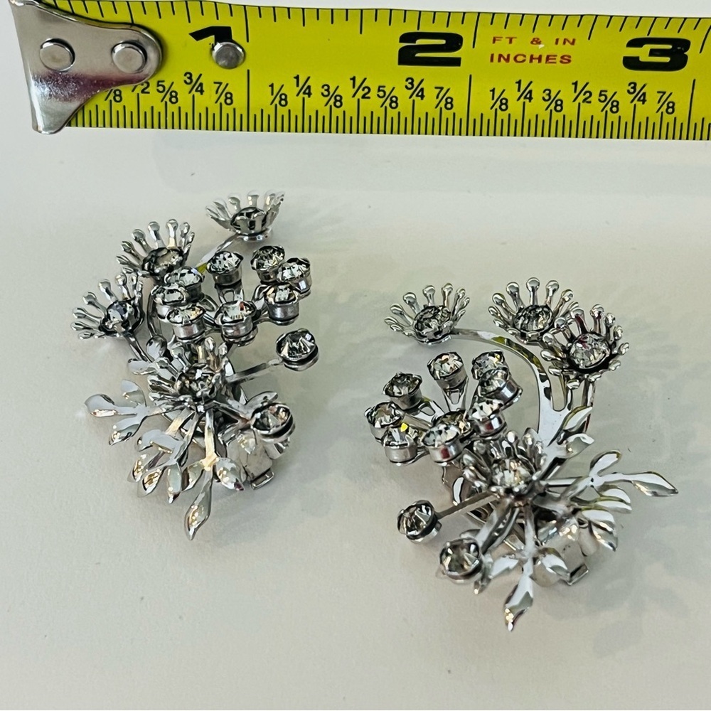 Silver and Crystal Floral Clip On Ear Climber Earrings - Picture 4 of 5